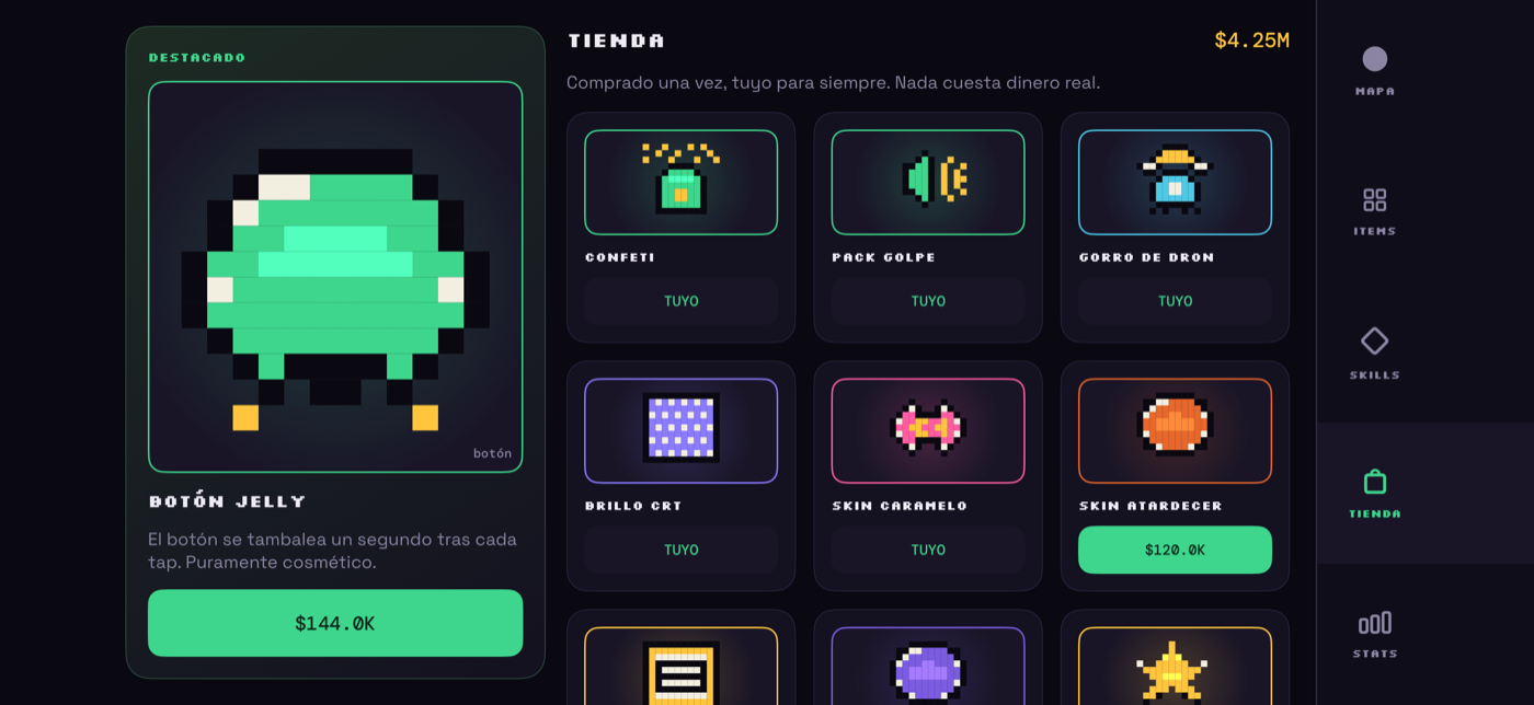 Tienda de Chesto con cosméticos comprados con moneda del juego