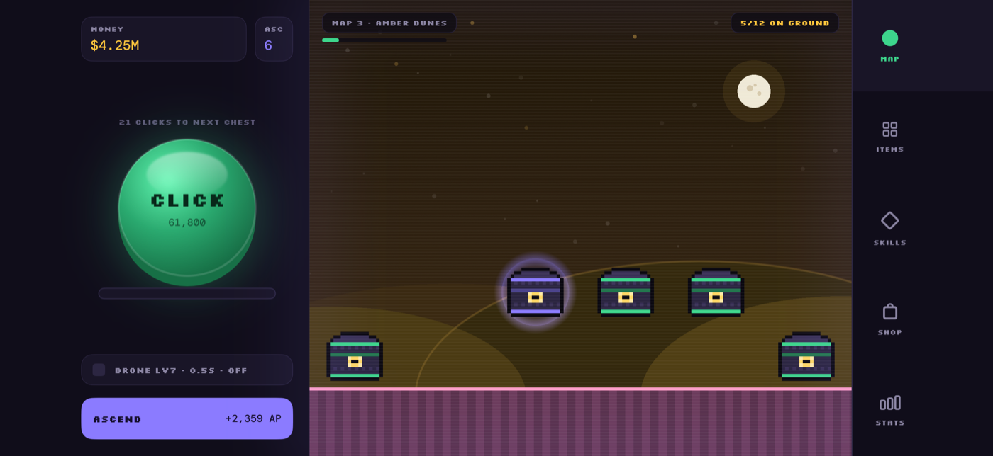 Chesto: main screen with the tap button, your money and chests on the map